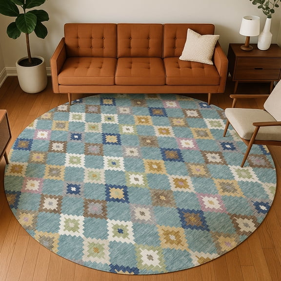 Addison Rugs Chantille Indoor/Outdoor Transitional Kids Teal Machine Washable Round Rug, 8' x 8'