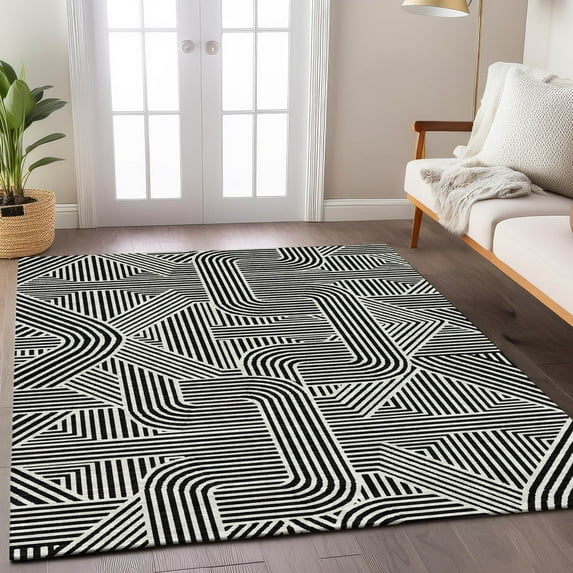 Addison Rugs Chantille Indoor/Outdoor Transitional Lines Black Washable Rectangle Rug, 9' x 12'