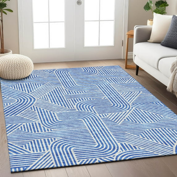 Addison Rugs Chantille Indoor/Outdoor Transitional Lines Blue Washable Rectangle Rug, 10' x 14'