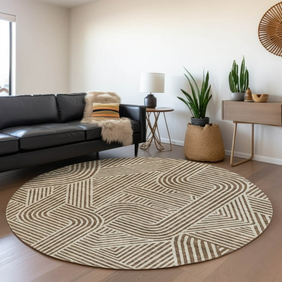 Addison Rugs Chantille Indoor/Outdoor Transitional Lines Brown Washable Round Rug, 8' x 8'