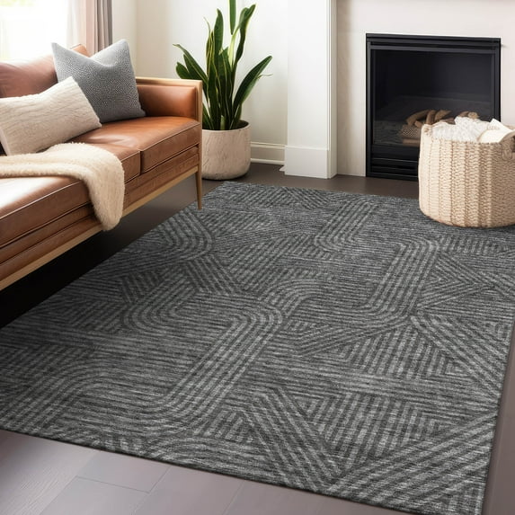 Addison Rugs Chantille Indoor/Outdoor Transitional Lines Charcoal Washable Rectangle Rug, 8' x 10'