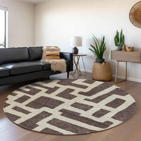 Addison Rugs Chantille Indoor/Outdoor Transitional Lines Fudge Washable Round Rug, 8' x 8'