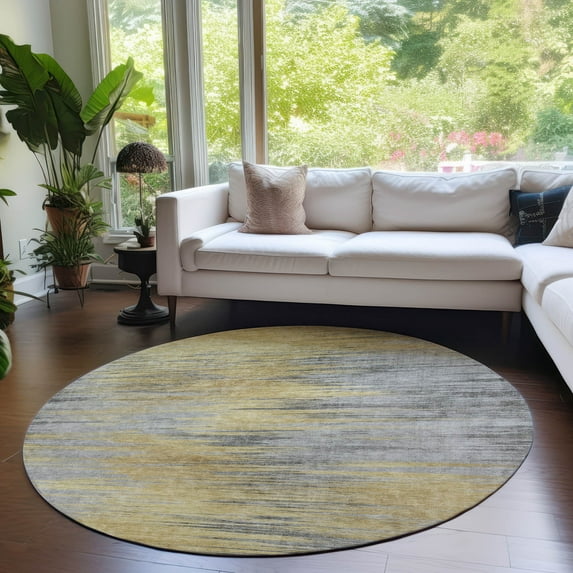 Addison Rugs Chantille Indoor/Outdoor Transitional Lines Gold Washable Round Rug, 8' x 8'
