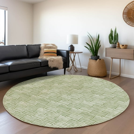 Addison Rugs Chantille Indoor/Outdoor Transitional Lines Green Washable Round Rug, 8' x 8'