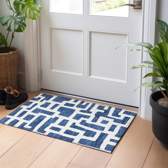Addison Rugs Chantille Indoor/Outdoor Transitional Lines Navy Washable Rectangle Rug, 1'8" x 2'6"