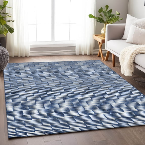 Addison Rugs Chantille Indoor/Outdoor Transitional Lines Navy Washable Rectangle Rug, 8' x 10'
