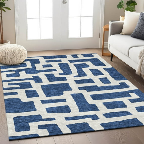 Addison Rugs Chantille Indoor/Outdoor Transitional Lines Navy Washable Rectangle Rug, 8' x 10'