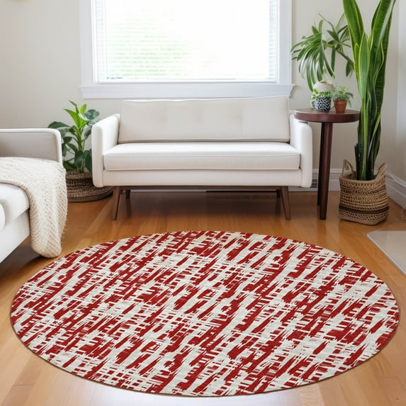 Addison Rugs Chantille Indoor/Outdoor Transitional Lines Red Washable Round Rug, 8' x 8'