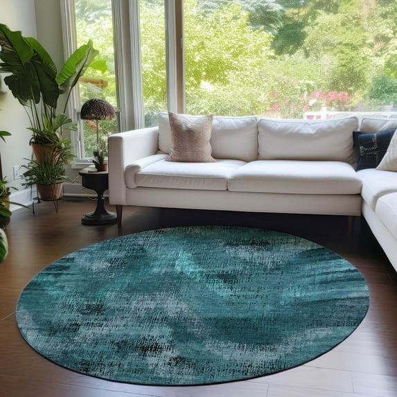 Addison Rugs Chantille Indoor/Outdoor Transitional Lines Teal Washable Round Rug, 8' x 8'