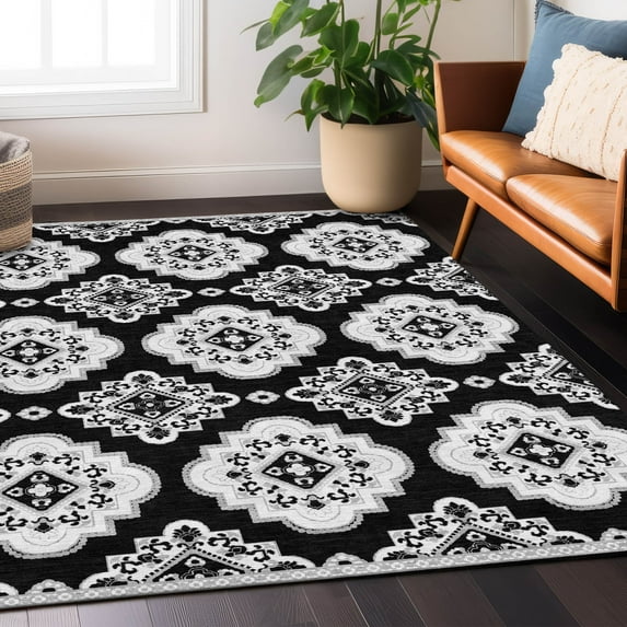 Addison Rugs Chantille Indoor/Outdoor Transitional Medallions Black Washable Rectangle Rug, 8' x 10'