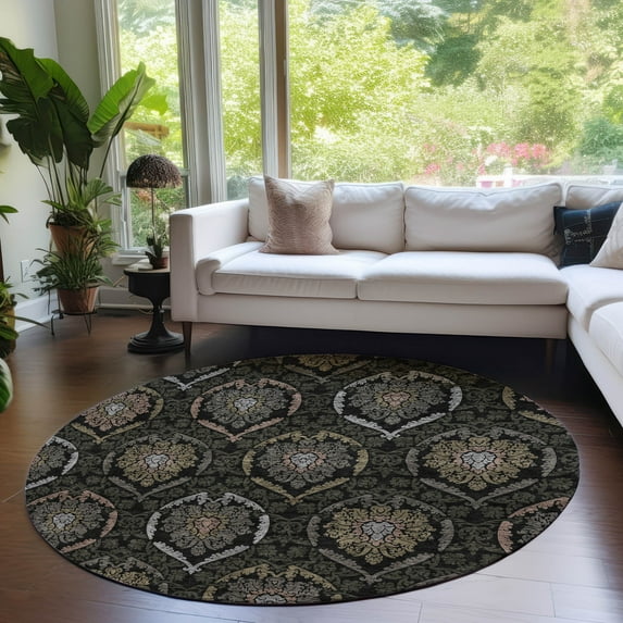 Addison Rugs Chantille Indoor/Outdoor Transitional Medallions Black Washable Round Rug, 8' x 8'