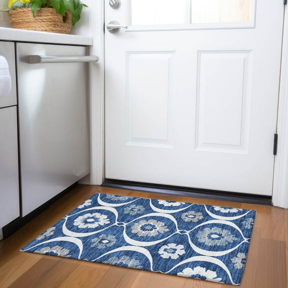 Addison Rugs Chantille Indoor/Outdoor Transitional Medallions Navy Washable Rectangle Rug, 1'8" x 2'6"