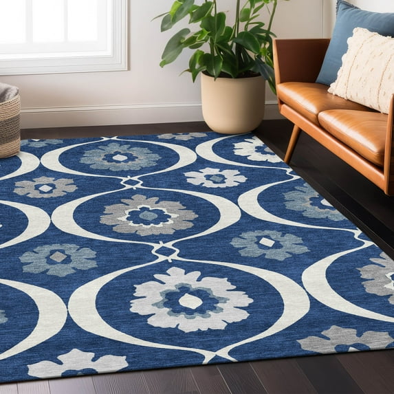 Addison Rugs Chantille Indoor/Outdoor Transitional Medallions Navy Washable Rectangle Rug, 10' x 14'