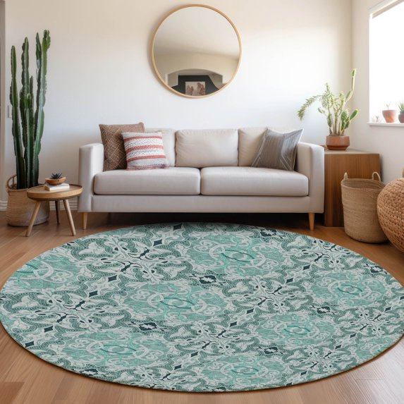 Addison Rugs Chantille Indoor/Outdoor Transitional Medallions Teal Washable Round Rug, 8' x 8'