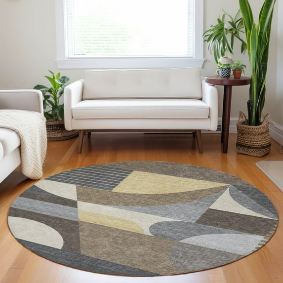 Addison Rugs Chantille Indoor/Outdoor Transitional Mid Century Brown Washable Round Rug, 8' x 8'