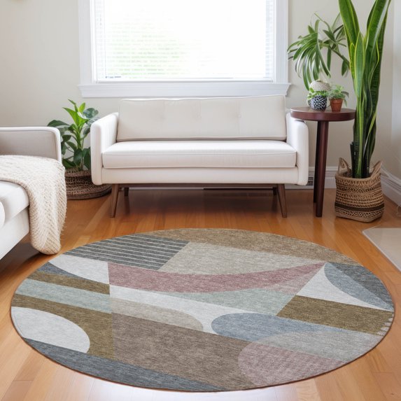 Addison Rugs Chantille Indoor/Outdoor Transitional Mid Century Mocha Washable Round Rug, 8' x 8'