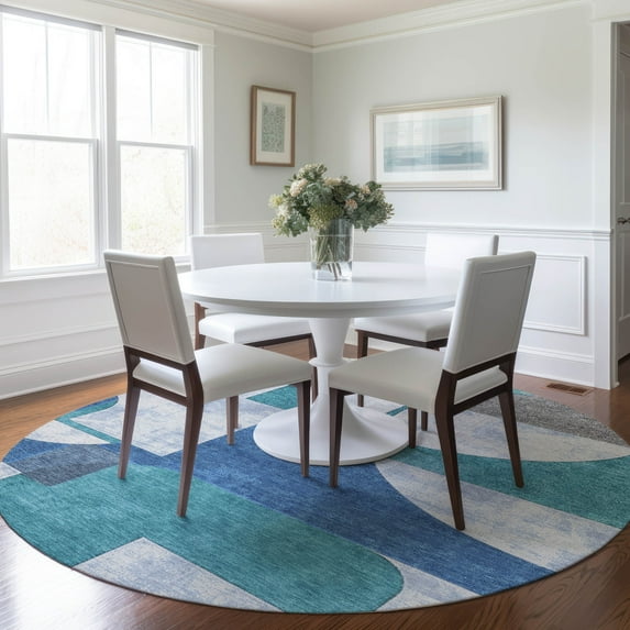 Addison Rugs Chantille Indoor/Outdoor Transitional Mid Century Teal Washable Round Rug, 8' x 8'