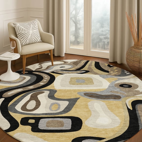 Addison Rugs Chantille Indoor/Outdoor Transitional Mid-century Modern Gold Machine Washable Round Rug, 8' x 8'