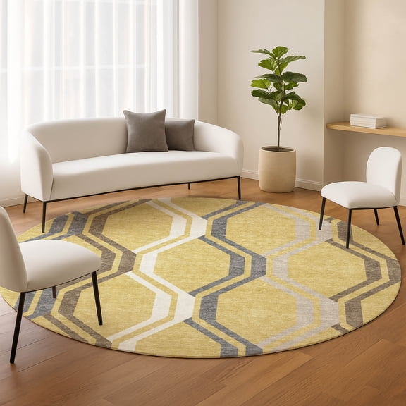 Addison Rugs Chantille Indoor/Outdoor Transitional Mid-century Modern Gold Machine Washable Round Rug, 8' x 8'