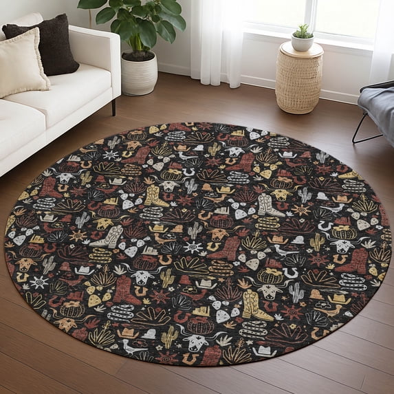 Addison Rugs Chantille Indoor/Outdoor Transitional Novelty Black Machine Washable Round Rug, 8' x 8'