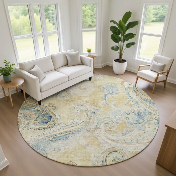Addison Rugs Chantille Indoor/Outdoor Transitional Paisley Gold Machine Washable Round Rug, 8' x 8'