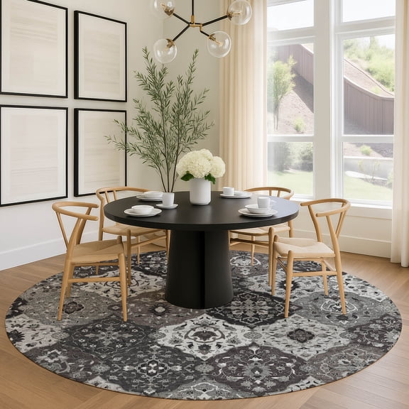 Addison Rugs Chantille Indoor/Outdoor Transitional Panel Gray Machine Washable Round Rug, 8' x 8'