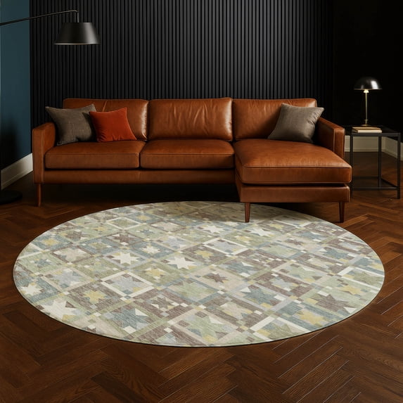 Addison Rugs Chantille Indoor/Outdoor Transitional Patchwork Celery Machine Washable Round Rug, 8' x 8'