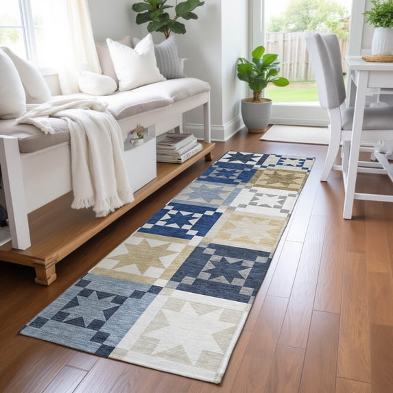 Addison Rugs Chantille Indoor/Outdoor Transitional Patchwork Navy Machine Washable Runner Rug, 2'3" x 7'6"