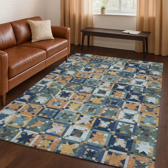 Addison Rugs Chantille Indoor/Outdoor Transitional Patchwork Teal Machine Washable Rectangle Rug, 5' x 7'6"