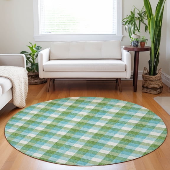 Addison Rugs Chantille Indoor/Outdoor Transitional Plaid Lime Washable Round Rug, 8' x 8'