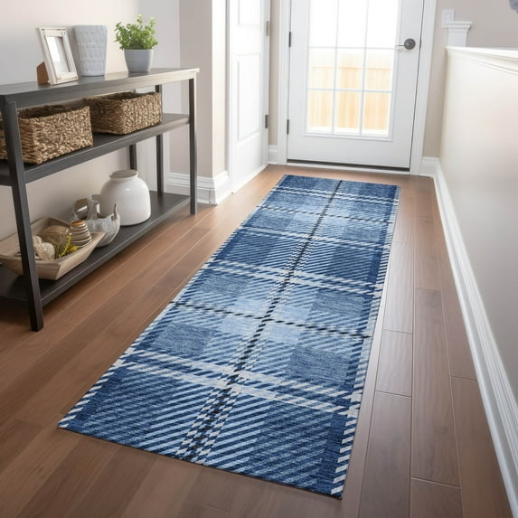 Addison Rugs Chantille Indoor/Outdoor Transitional Plaid Navy Washable Runner Rug, 2'3" x 7'6"