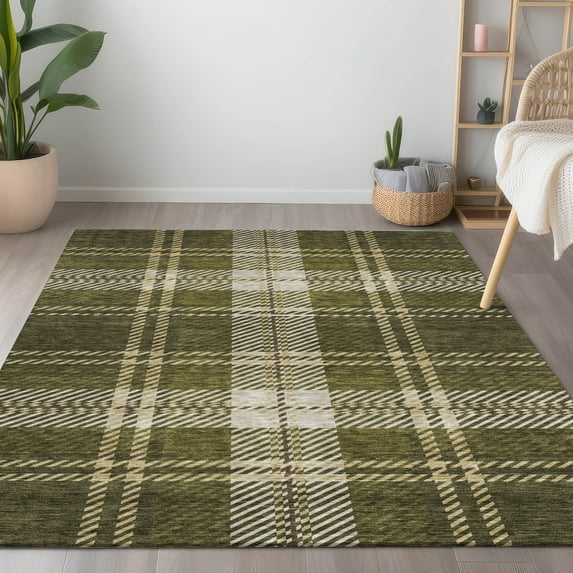 Addison Rugs Chantille Indoor/Outdoor Transitional Plaid Olive Washable Rectangle Rug, 2'6" x 3'10"
