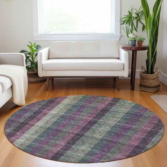 Addison Rugs Chantille Indoor/Outdoor Transitional Plaid Plum Washable Round Rug, 8' x 8'