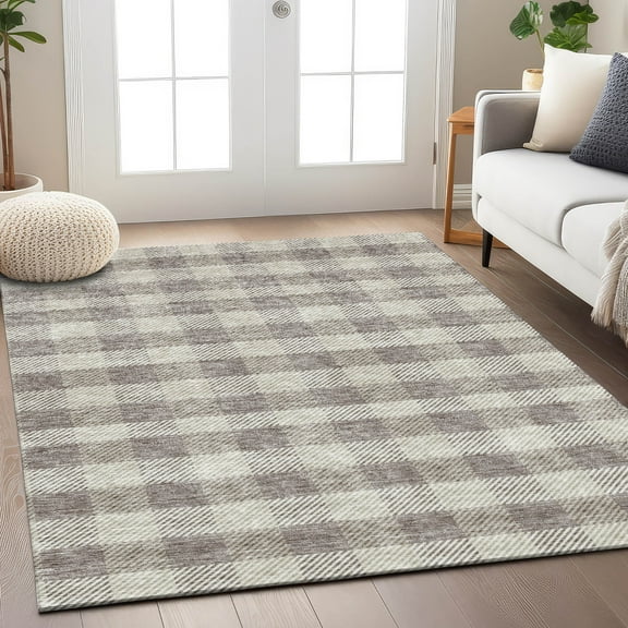 Addison Rugs Chantille Indoor/Outdoor Transitional Plaid Taupe Washable Rectangle Rug, 5' x 7'6"