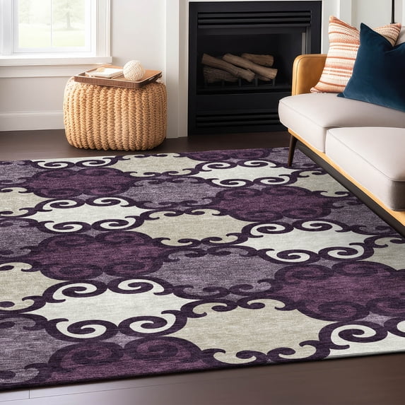 Addison Rugs Chantille Indoor/Outdoor Transitional Scrolls Eggplant Washable Rectangle Rug, 9' x 12'