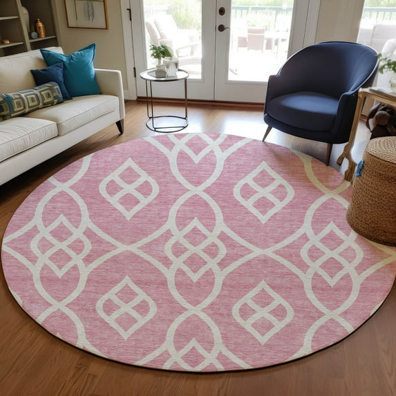 Addison Rugs Chantille Indoor/Outdoor Transitional Scrolls Pink Washable Round Rug, 8' x 8'