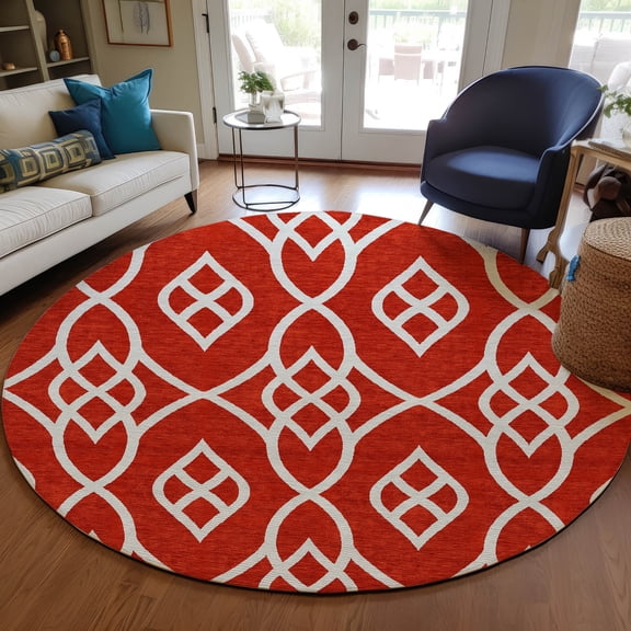 Addison Rugs Chantille Indoor/Outdoor Transitional Scrolls Red Washable Round Rug, 8' x 8'