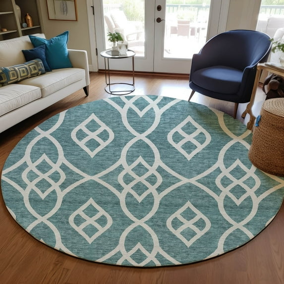 Addison Rugs Chantille Indoor/Outdoor Transitional Scrolls Teal Washable Round Rug, 8' x 8'