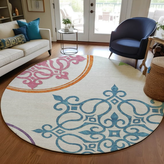 Addison Rugs Chantille Indoor/Outdoor Transitional Scrolls White Washable Round Rug, 8' x 8'