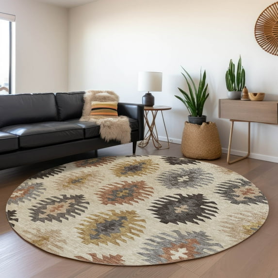 Addison Rugs Chantille Indoor/Outdoor Transitional Southwest Beige Washable Round Rug, 8' x 8'