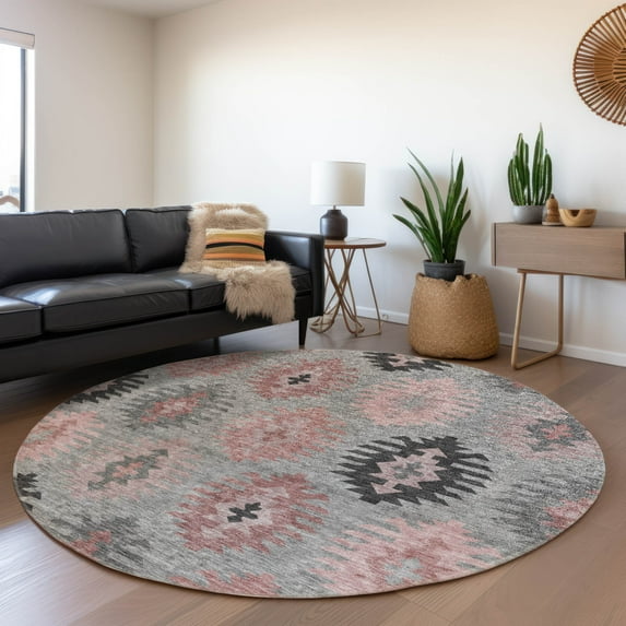 Addison Rugs Chantille Indoor/Outdoor Transitional Southwest Gray Washable Round Rug, 8' x 8'