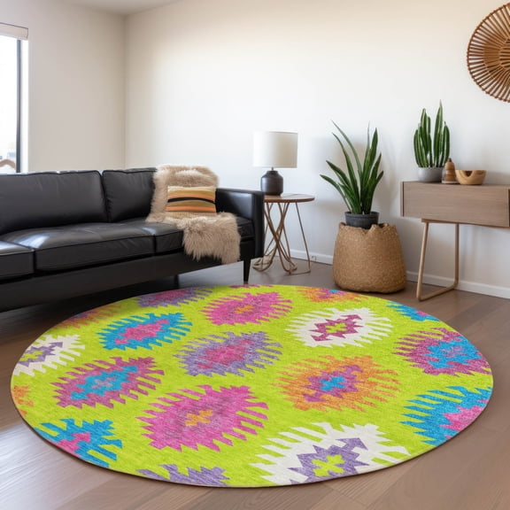 Addison Rugs Chantille Indoor/Outdoor Transitional Southwest Lime Washable Round Rug, 8' x 8'