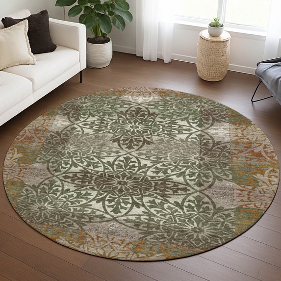 Addison Rugs Chantille Indoor/Outdoor Transitional Spiral Olive Machine Washable Round Rug, 8' x 8'