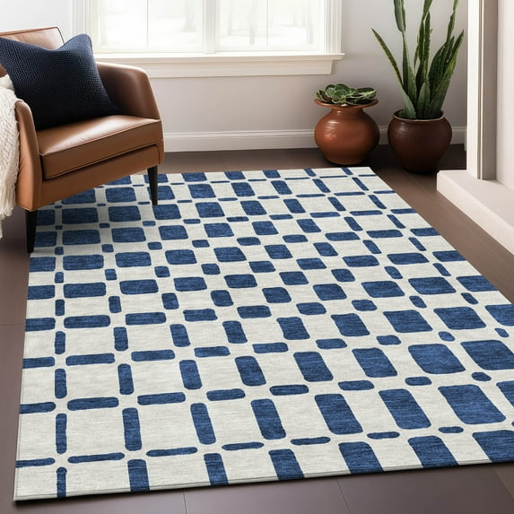 Addison Rugs Chantille Indoor/Outdoor Transitional Squares Navy Washable Rectangle Rug, 10' x 14'