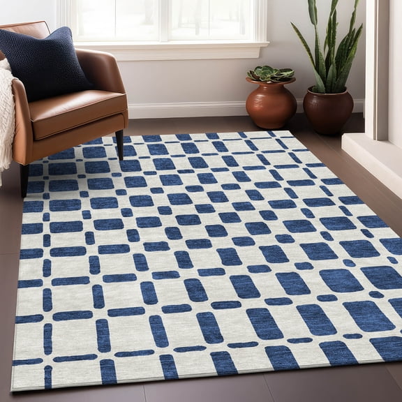 Addison Rugs Chantille Indoor/Outdoor Transitional Squares Navy Washable Rectangle Rug, 5' x 7'6"