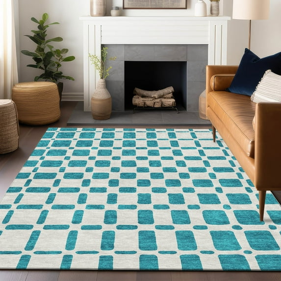Addison Rugs Chantille Indoor/Outdoor Transitional Squares Teal Washable Rectangle Rug, 5' x 7'6"