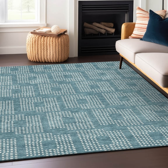 Addison Rugs Chantille Indoor/Outdoor Transitional Squares Teal Washable Rectangle Rug, 5' x 7'6"