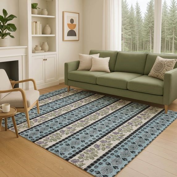 Addison Rugs Chantille Indoor/Outdoor Transitional Stripes Aqua Machine Washable Rectangle Rug, 10' x 14'