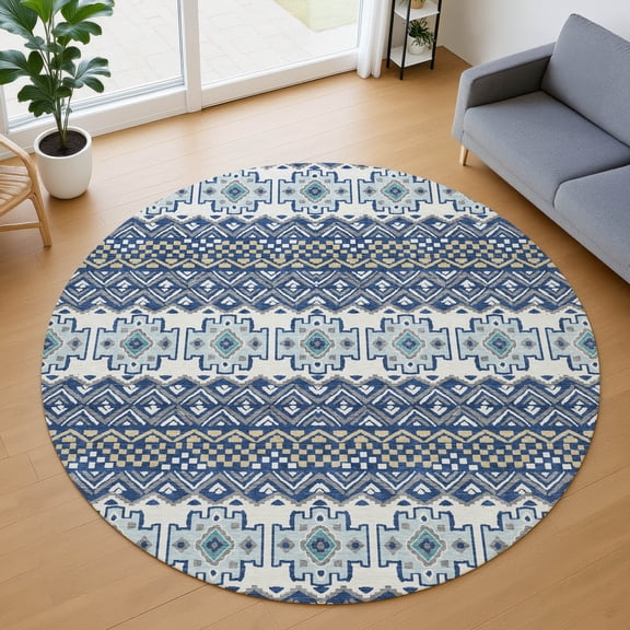 Addison Rugs Chantille Indoor/Outdoor Transitional Stripes Baltic Machine Washable Round Rug, 8' x 8'