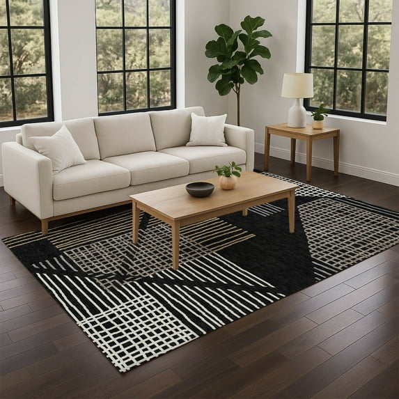Addison Rugs Chantille Indoor/Outdoor Transitional Stripes Black Machine Washable Rectangle Rug, 9' x 12'